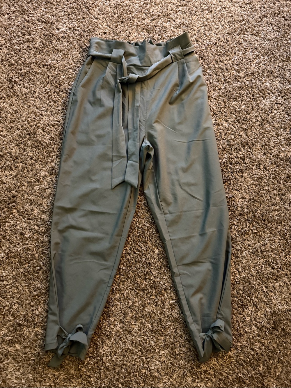 Grace Karin Olive Green High-Waist Tie Paperbag Track Pants
